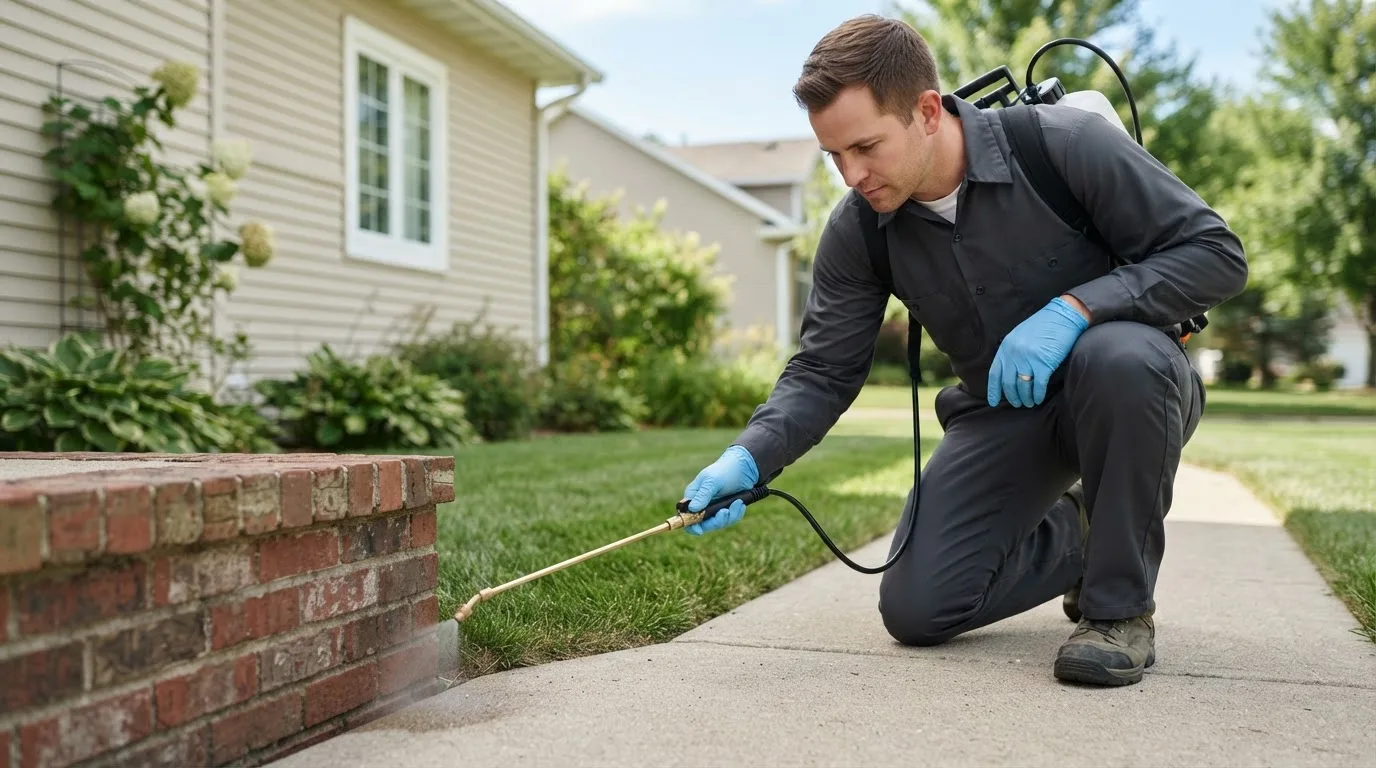 Pest control technician treating a home near Stoystown, PA